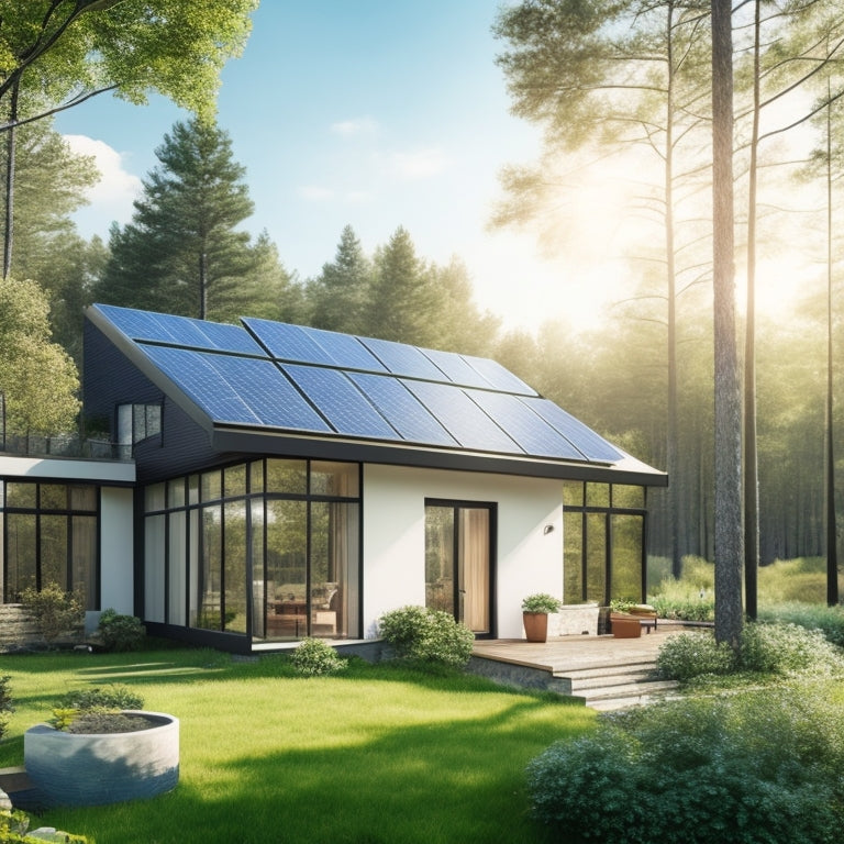 A modern, eco-friendly home with a sleek solar panel roof, large windows, and a greenery-covered exterior wall, surrounded by lush trees and a bright blue sky with a few puffy white clouds.