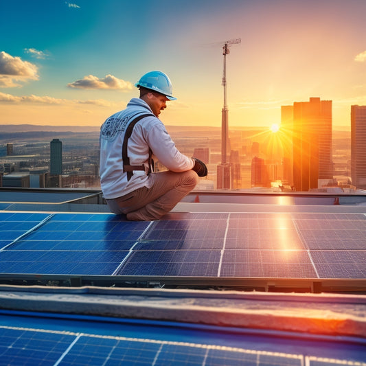 A photorealistic image of a person in a hard hat and gloves, standing on a commercial rooftop, surrounded by solar panels, wires, and tools, with a cityscape in the background.