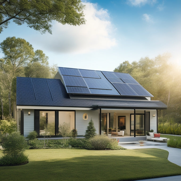 A serene suburban home with a sleek, black solar panel array on the roof, surrounded by lush greenery, with a bright blue sky and a few wispy clouds, conveying a sense of eco-friendliness and sustainability.