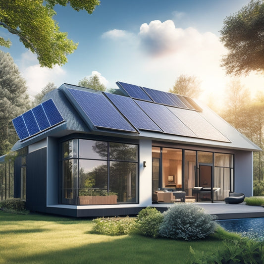 A stylized illustration of a modern home with a roof covered in sleek, black solar panels, surrounded by lush greenery and a bright blue sky with fluffy white clouds.