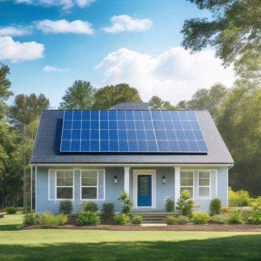 A serene suburban home with a mix of blue and gray solar panels installed on its roof, surrounded by lush green trees and a bright blue sky with a few white, puffy clouds.