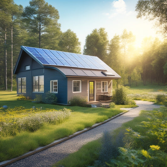 A serene rural landscape featuring a small, modern cabin with solar panels on the roof, surrounded by lush greenery, a clear blue sky, and a nearby garden flourishing under sunlight, showcasing sustainability in harmony with nature.