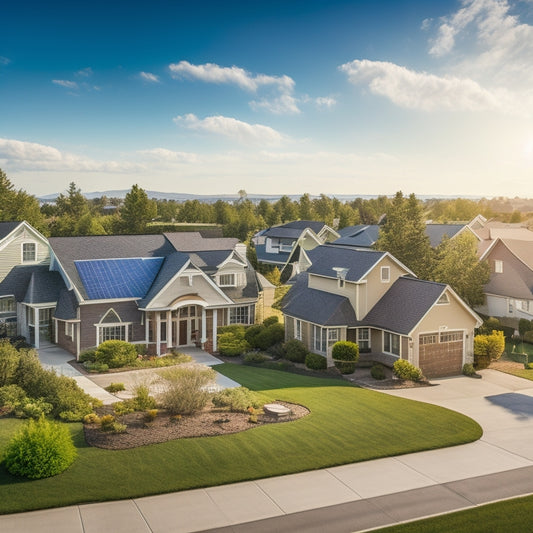 A serene suburban neighborhood with 5-7 houses, each with a unique roof type, showcasing a variety of solar panel installations, with a bright blue sky and fluffy white clouds.