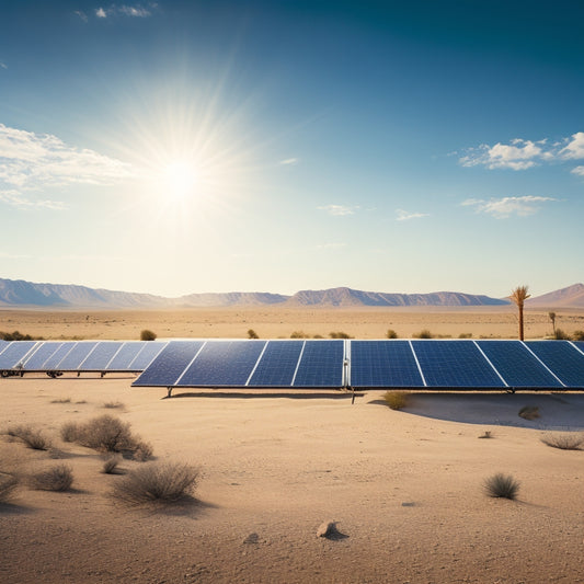 A serene desert landscape with three rows of sleek, high-wattage solar panels in varying sizes, angled towards a bright blue sky with a few wispy clouds.