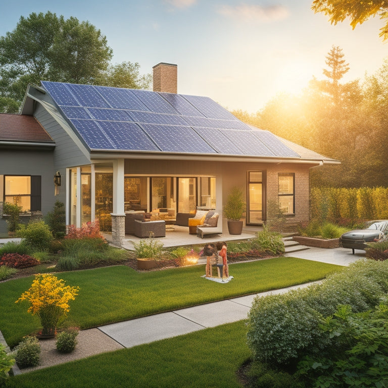 A modern suburban home with solar panels on the roof, vibrant sunbeams illuminating the panels, a lush green garden, and a family enjoying the outdoors, symbolizing energy independence and sustainability.