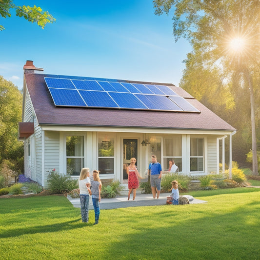 A sunlit suburban home with solar panels on the roof, surrounded by lush greenery, showcasing a bright blue sky. A family stands joyfully in the yard, admiring their eco-friendly energy solution.