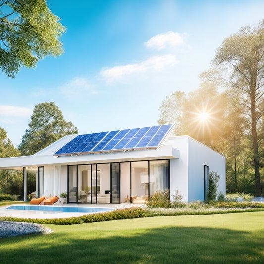 A serene, modern home exterior with sleek white solar panels integrated into the roof, surrounded by lush greenery and a bright blue sky with a few wispy clouds.