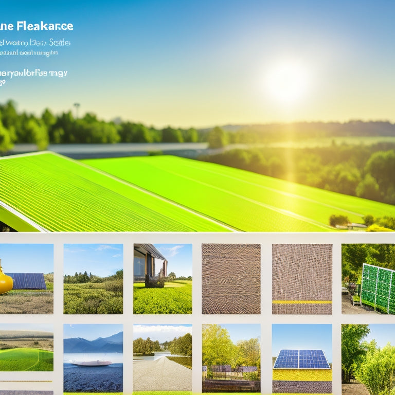 A vibrant online marketplace with various solar panels displayed, price tags visible, and a magnifying glass highlighting savings; bright, eco-friendly colors dominate the scene with a sunny background.