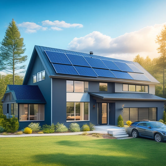 An illustration of a modern, two-story suburban house with a sleek, black solar roof system installed, set against a bright blue sky with fluffy white clouds, surrounded by lush greenery.