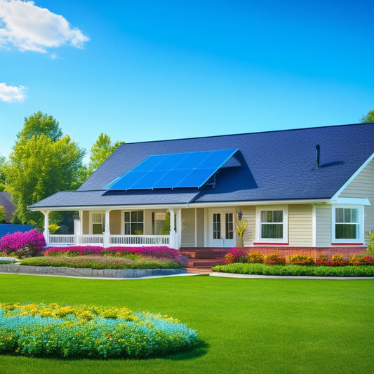 A serene suburban home with a lush green lawn, surrounded by blooming flowers, featuring a sleek solar panel array on the roof, with a bright blue sky and fluffy white clouds in the background.