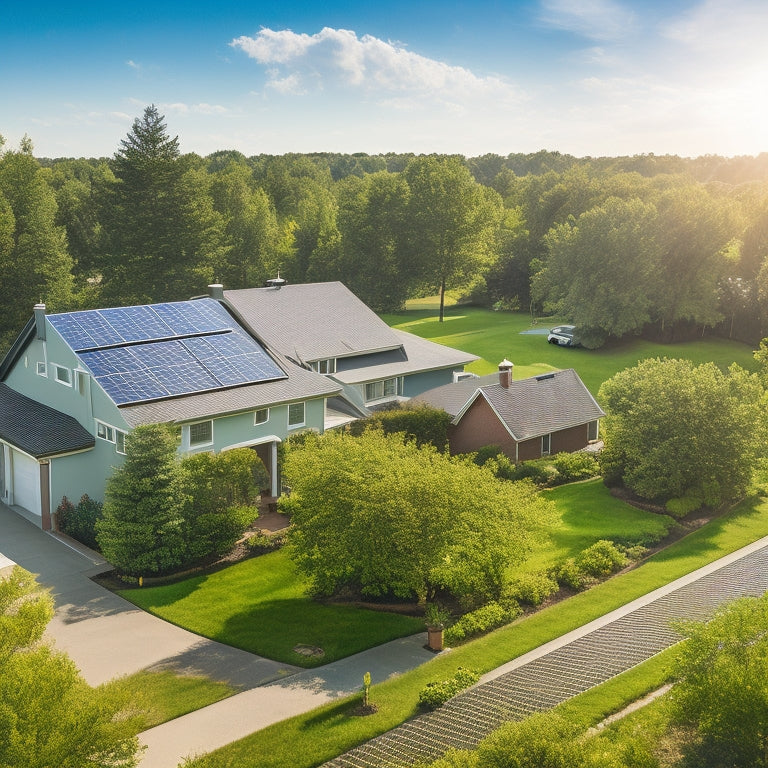 A serene suburban neighborhood with sleek, black solar panels installed on rooftops, amidst lush green trees and a bright blue sky with a few wispy clouds, conveying eco-friendliness and sustainability.