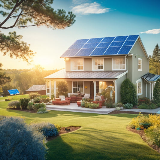 A serene suburban landscape with a sunlit home featuring various solar panel designs on the roof, surrounded by lush greenery, bright blue sky, and a friendly solar technician examining the installation.