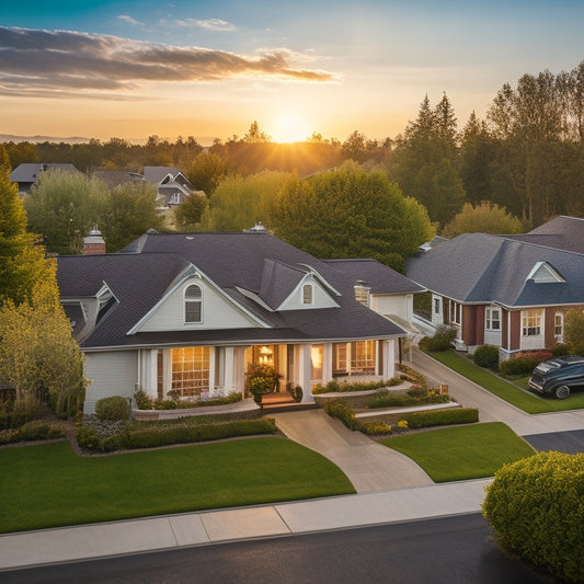 A serene suburban neighborhood with 7 different residential rooftops, each featuring a unique solar power system installation, with varying panel arrangements and sleek mounting systems.