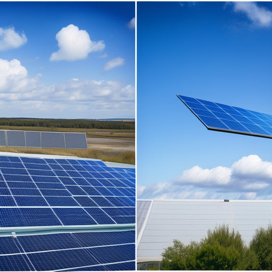A split-screen image featuring two contrasting rooftop solar panel installations on commercial buildings, one with sleek, modern panels under a clear blue sky, the other with older, less efficient panels amidst overcast weather.
