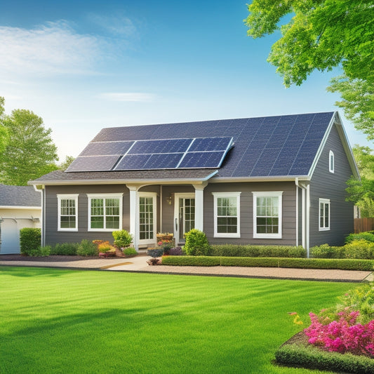 A serene suburban home with a mix of sunny and shaded areas, featuring a roof with various solar panel arrangements, including different sizes, orientations, and installation styles.