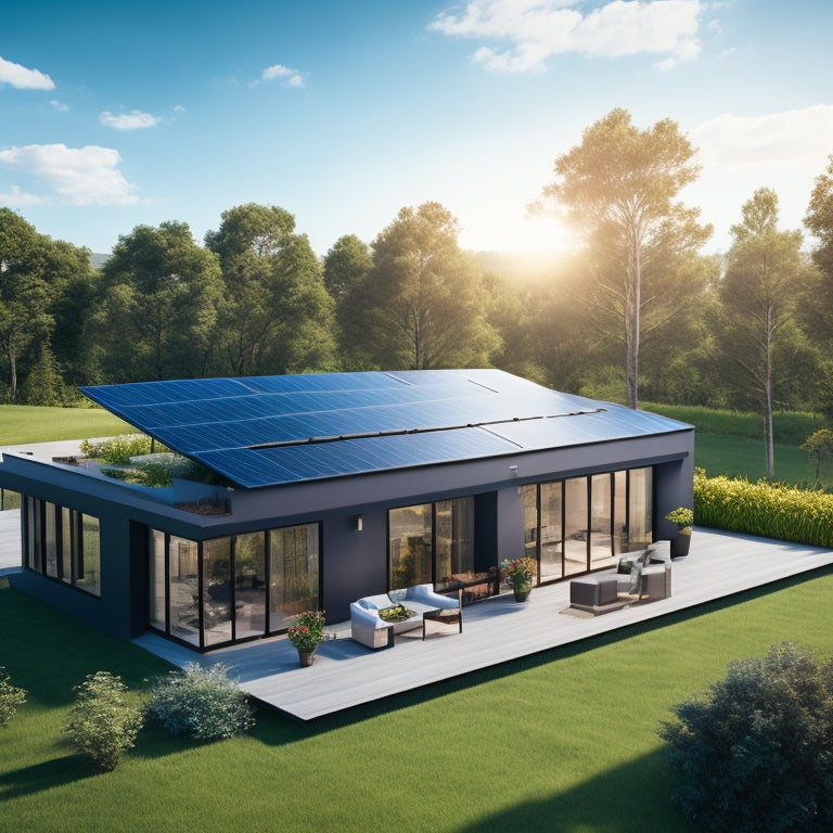 A photorealistic image of a modern, eco-friendly home with a sleek, black solar array installed on the rooftop, surrounded by lush greenery and a bright blue sky with puffy white clouds.