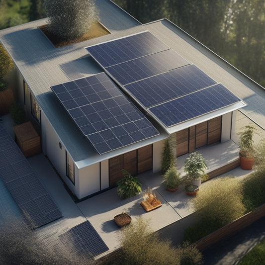 An illustration of a rooftop with variously sized solar panels, a clipboard with a partially completed calculator, and a subtle background grid with tiny houses and trees, conveying calculation and sustainability.