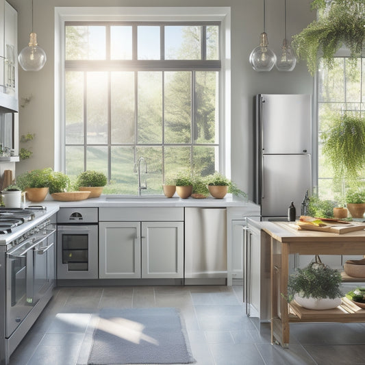 A bright kitchen scene featuring sleek solar-compatible appliances: a shiny refrigerator, an energy-efficient dishwasher, and a radiant induction cooktop, all surrounded by potted herbs and sunlit windows, emphasizing sustainability and cost savings.