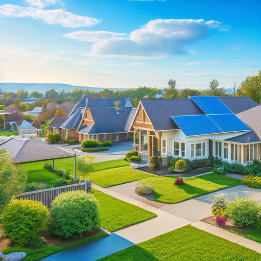 A serene residential neighborhood featuring solar panels on rooftops, a small wind turbine in a backyard, and lush greenery surrounding energy-efficient homes, all under a bright blue sky with fluffy white clouds.
