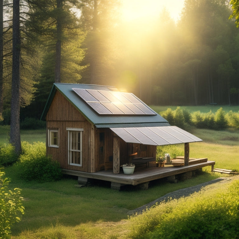 A serene, sun-kissed landscape with a single solar panel installed on a small, rustic cabin's rooftop, surrounded by lush greenery and a few scattered, weathered wooden planks.