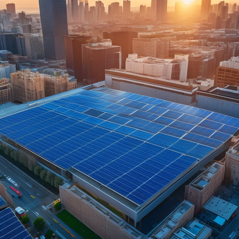 Aerial view of a large commercial rooftop covered in sleek, black solar panels, with a cityscape in the background, featuring skyscrapers and busy streets.