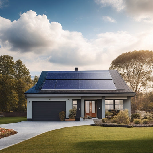 A serene suburban home with a sloping roof, featuring a mix of sleek black and silver solar panels, amidst a backdrop of fluffy white clouds and a bright blue sky.