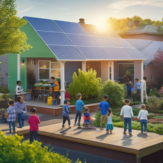 A vibrant neighborhood scene featuring solar panels on rooftops, families gathering in a community garden, children playing, and a bright sun shining down, symbolizing sustainable energy and community unity.