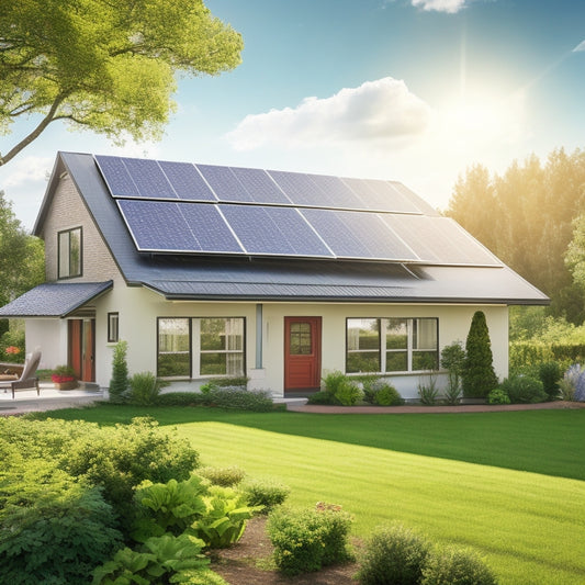 A serene suburban home with a sloping roof, covered in a mix of rectangular and triangular solar panels, amidst lush greenery and a bright blue sky with few white clouds.