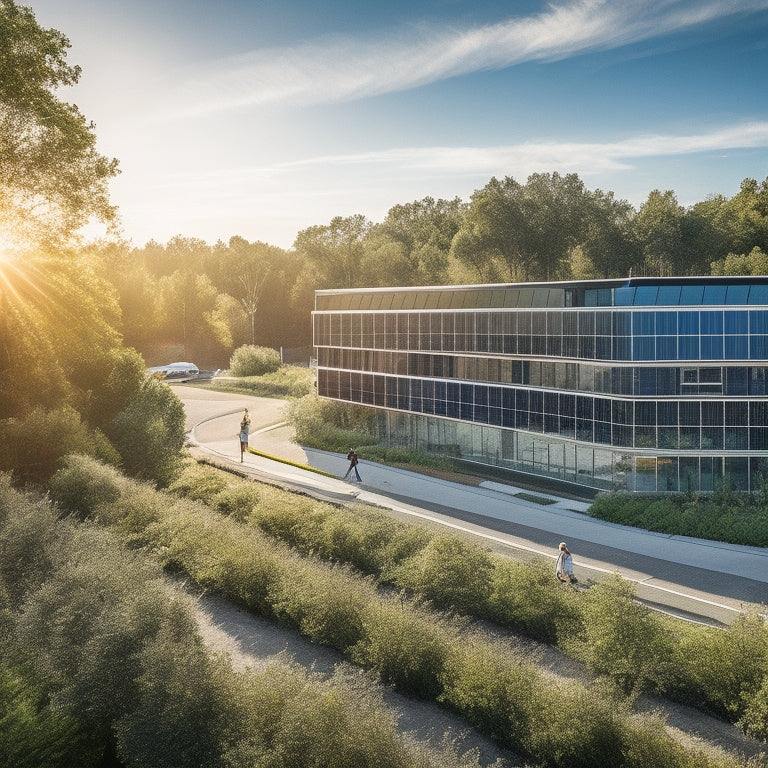 A modern office building adorned with solar panels, surrounded by lush greenery, energy-efficient vehicles charging, and people collaborating outdoors under a bright sky, symbolizing sustainability and innovation in a vibrant urban environment.