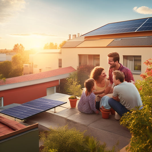 A sunlit rooftop adorned with gleaming solar panels, surrounded by vibrant greenery. Below, a family happily reviewing their decreasing electricity bills, with a distant view of a thriving neighborhood powered by solar energy.