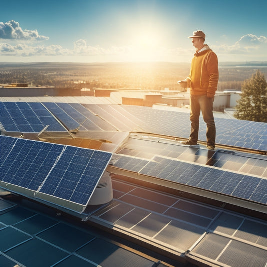 An illustration of a person standing on a rooftop, surrounded by solar panels, with a calculator and a blueprint in hand, amidst a sunny background with subtle grid lines and measurement markings.