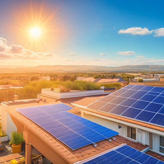 A illustration of a residential rooftop with solar panels installed, highlighting various components such as inverters, mounting systems, and electrical connections, set against a sunny blue sky with fluffy white clouds.