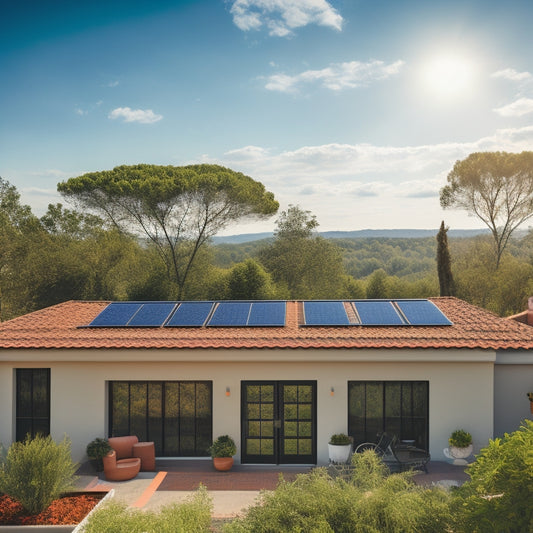 A serene suburban rooftop with a mix of sleek, black solar panels and traditional terracotta tiles, set against a bright blue sky with a few wispy clouds, amidst lush green trees.