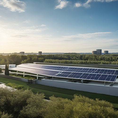 A sleek, modern business rooftop adorned with solar panels, complemented by an organized array of battery storage units. Sunlight glints off the panels, while a lush green landscape provides a vibrant contrast.