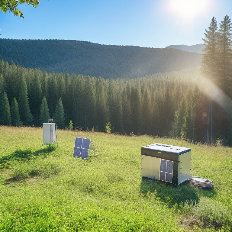 A rugged off-grid solar power unit on a lush green hillside, surrounded by pine trees, with solar panels gleaming in the sun, a portable battery storage system, and a camping setup nearby, showcasing sustainable living.