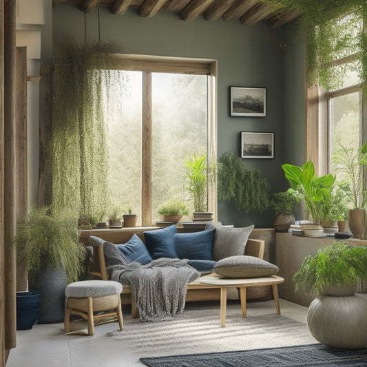 A cozy home interior with walls made of natural wool insulation, bamboo panels, and recycled denim, surrounded by green plants, sunlight streaming through large windows, showcasing a harmonious blend of comfort and sustainability.