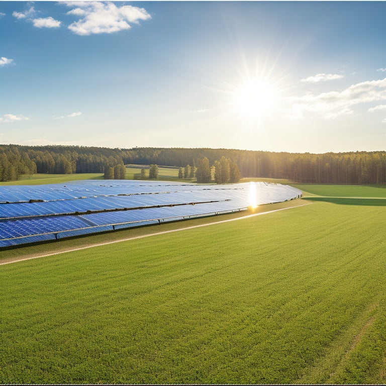 A serene landscape with a sprawling solar farm in the foreground, surrounded by lush greenery and a bright blue sky with a few wispy clouds, conveying a sense of sustainability and eco-friendliness.