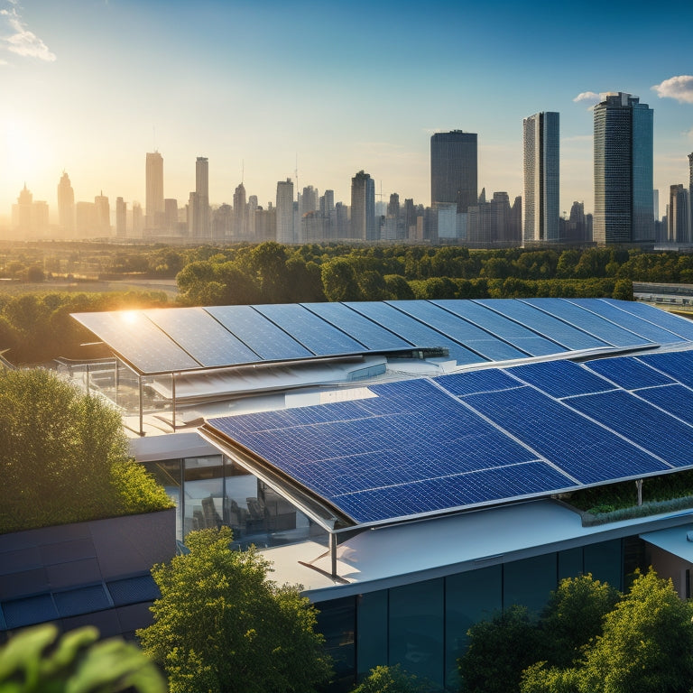 A modern corporate rooftop adorned with sleek solar panels, sunlight glinting off their surfaces, surrounded by green landscapes and bustling cityscape, showcasing a harmonious blend of technology and sustainability.