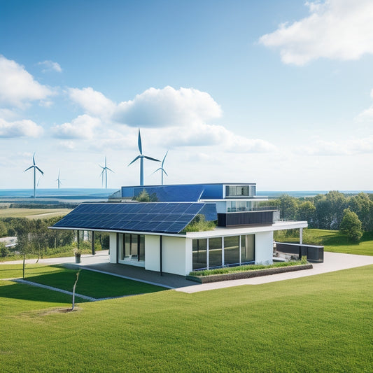 A bright blue sky with fluffy white clouds, a modern eco-friendly house with a sloping roof covered in sleek black solar panels, surrounded by lush greenery and a few wind turbines in the distance.