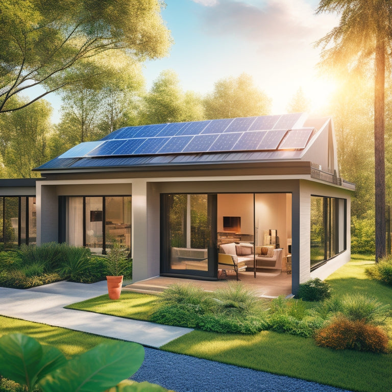 A modern home with solar panels on the roof, surrounded by lush greenery, featuring a sleek storage system in the backyard, sunlight streaming down, showcasing independence and sustainable living.