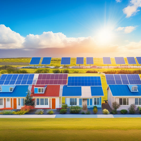 An illustration featuring 10 identical houses, each with a different solar panel system on the roof, varying in size, color, and panel arrangement, set against a bright blue sky with fluffy white clouds.