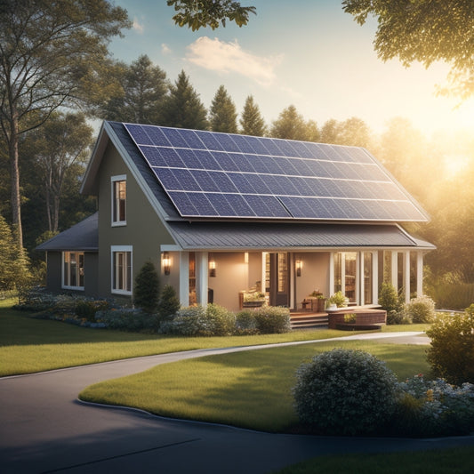 A serene suburban house with solar panels on the roof, surrounded by lush greenery, with a subtle sunshine glow and a faint grid of power lines in the background.