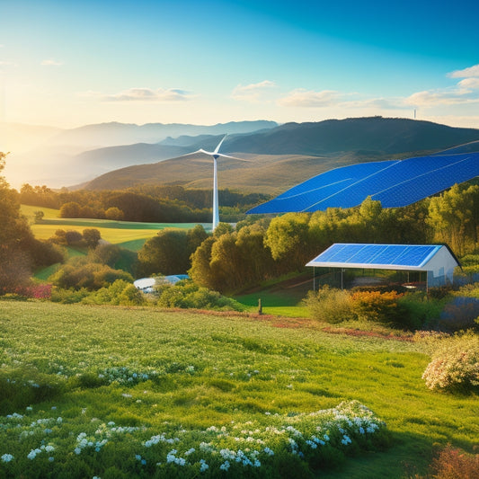 A serene landscape featuring solar panels on a hillside, wind turbines in the distance, a lush garden with native plants, and a rainwater harvesting system, all under a bright blue sky with fluffy clouds.