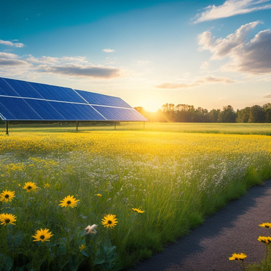 A serene landscape featuring sleek, modern solar panels integrated into lush green fields, surrounded by vibrant wildflowers, with a clear blue sky above, capturing sunlight and the essence of eco-friendly technology harmoniously blending with nature.