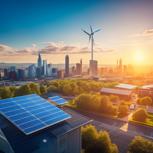 A vibrant city skyline with solar panels on rooftops, wind turbines in the distance, and green spaces filled with diverse businesses, showcasing a blending of nature and technology under a bright blue sky.