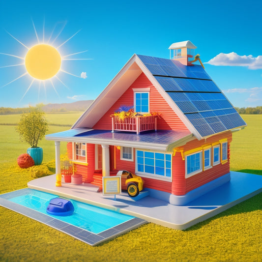 An illustration featuring a miniature house with a prominent solar panel roof, surrounded by icons of a calculator, a checklist, a magnifying glass, and a smiling sun, set against a bright blue sky.