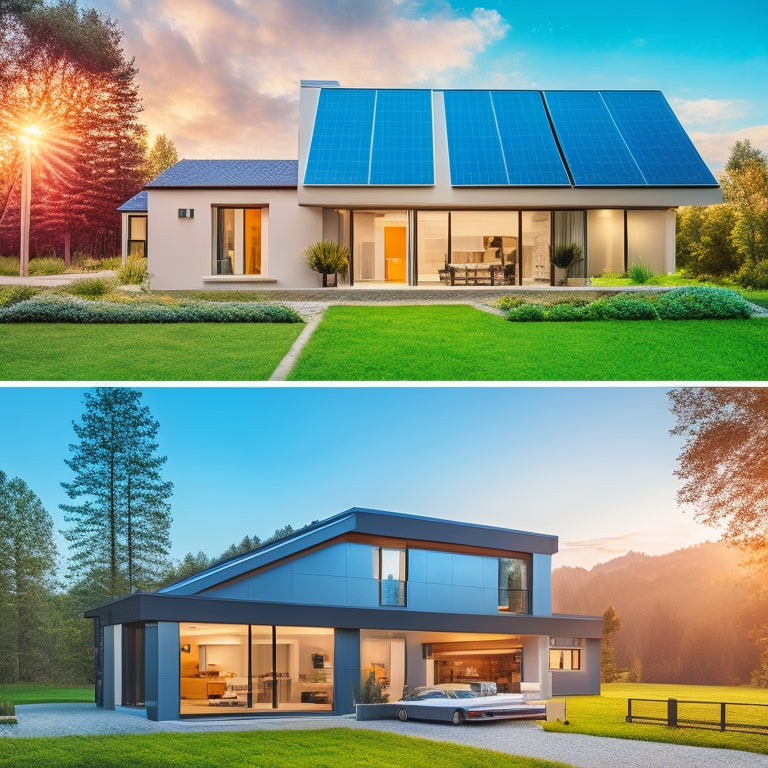 A split-screen image featuring a luxurious modern home with sleek solar panels on the left, and a more modest, traditional house with budget-friendly solar panels on the right.