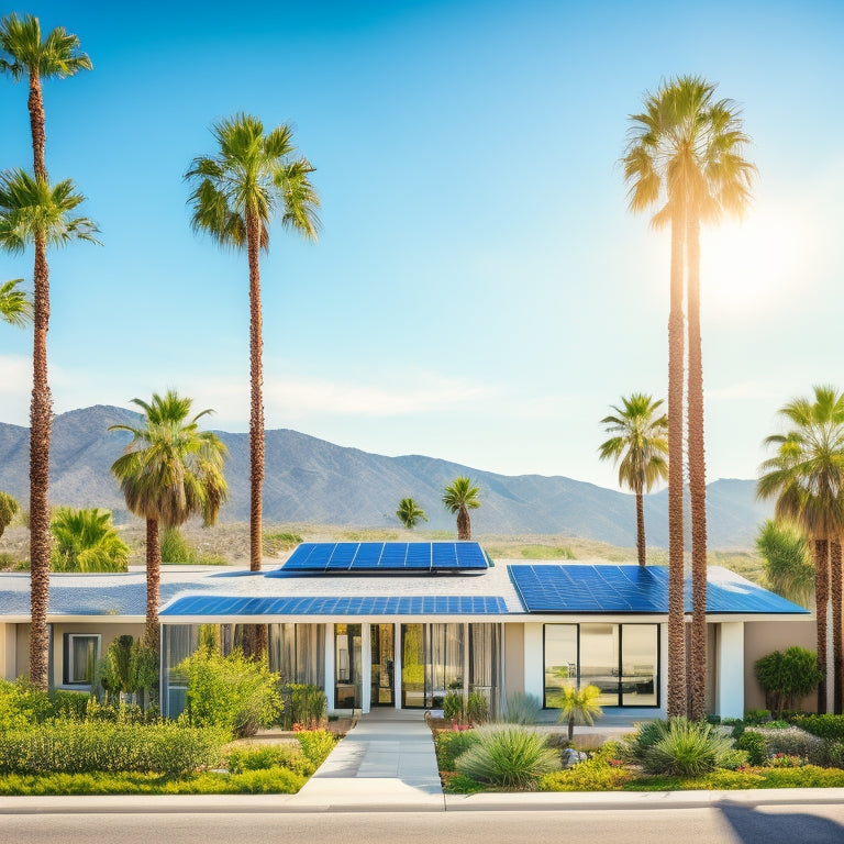 A serene California landscape with a modern home featuring a sleek solar panel array on its roof, surrounded by palm trees and a bright blue sky with a few wispy clouds.