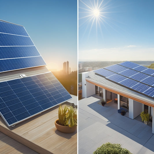 A split-screen illustration featuring a residential rooftop with solar panels on one side and a calculator, blueprint, and wallet on the other, surrounded by subtle grid lines and sunlight rays.