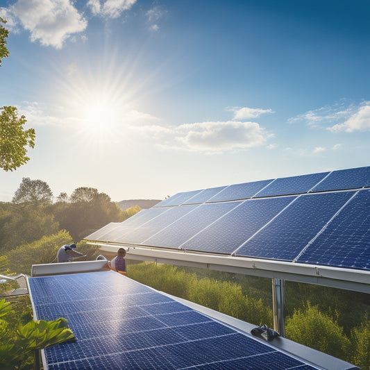 A serene rooftop scene showcasing solar panels glistening under sunlight, surrounded by lush greenery, with a technician carefully installing panels. In the background, a vibrant blue sky dotted with fluffy white clouds.